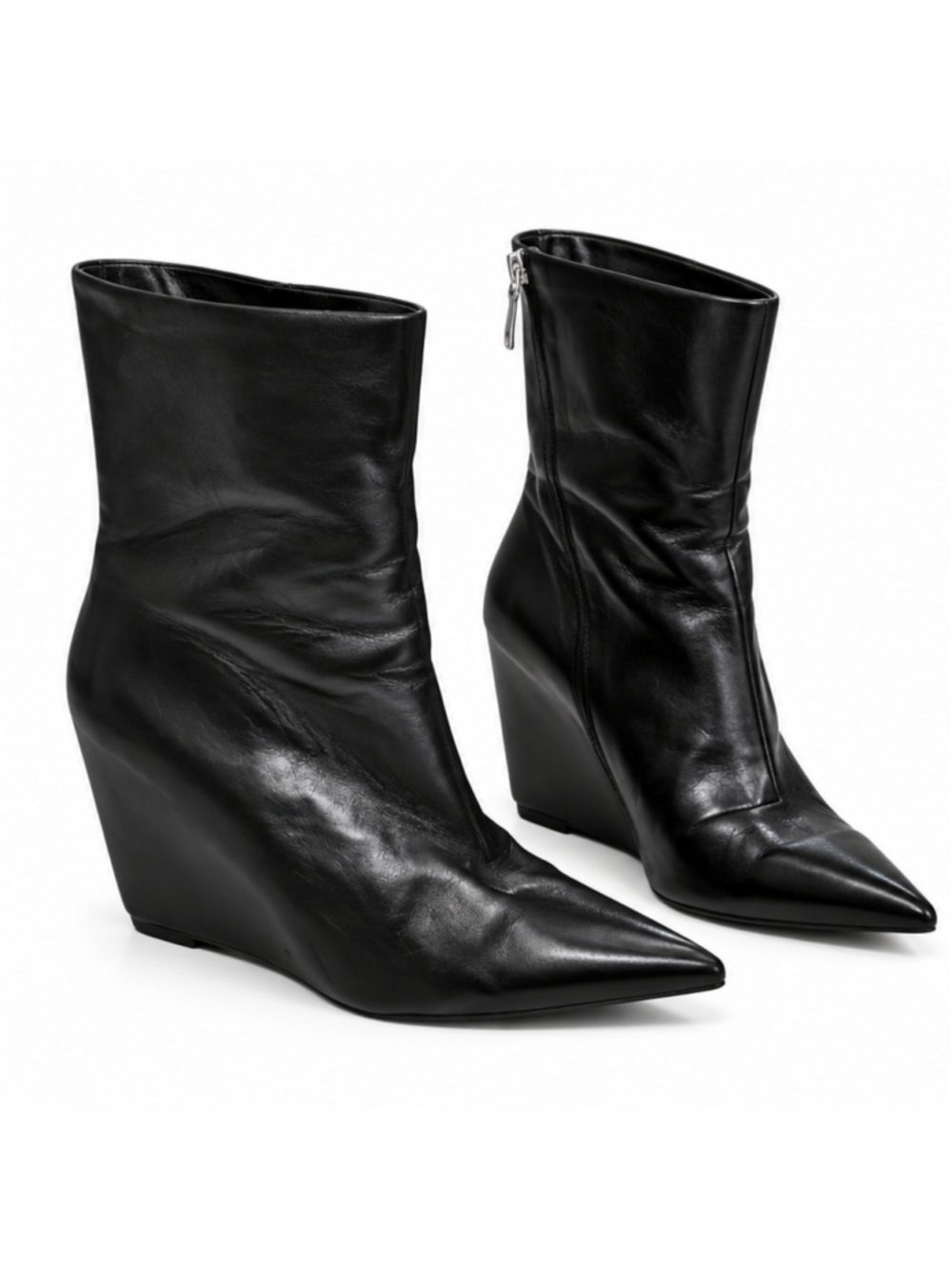 ZIGI Germany Boots Women 10 Black Leather Pointed Toe Wedge Booties Zip
